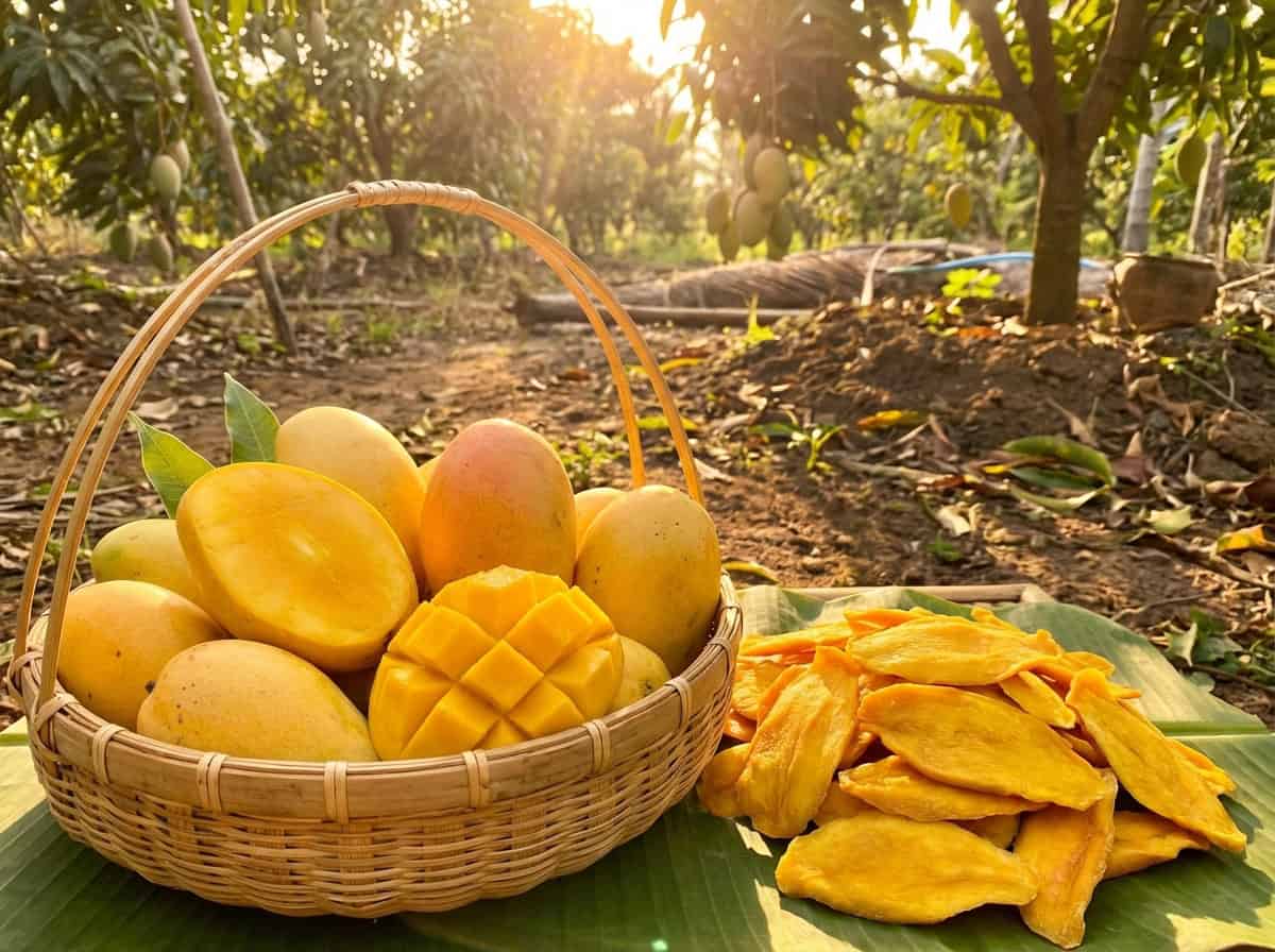 Fresh Ripe Mangoes And Dried Slices Showing The Natural Color Transition And Nutrient Density