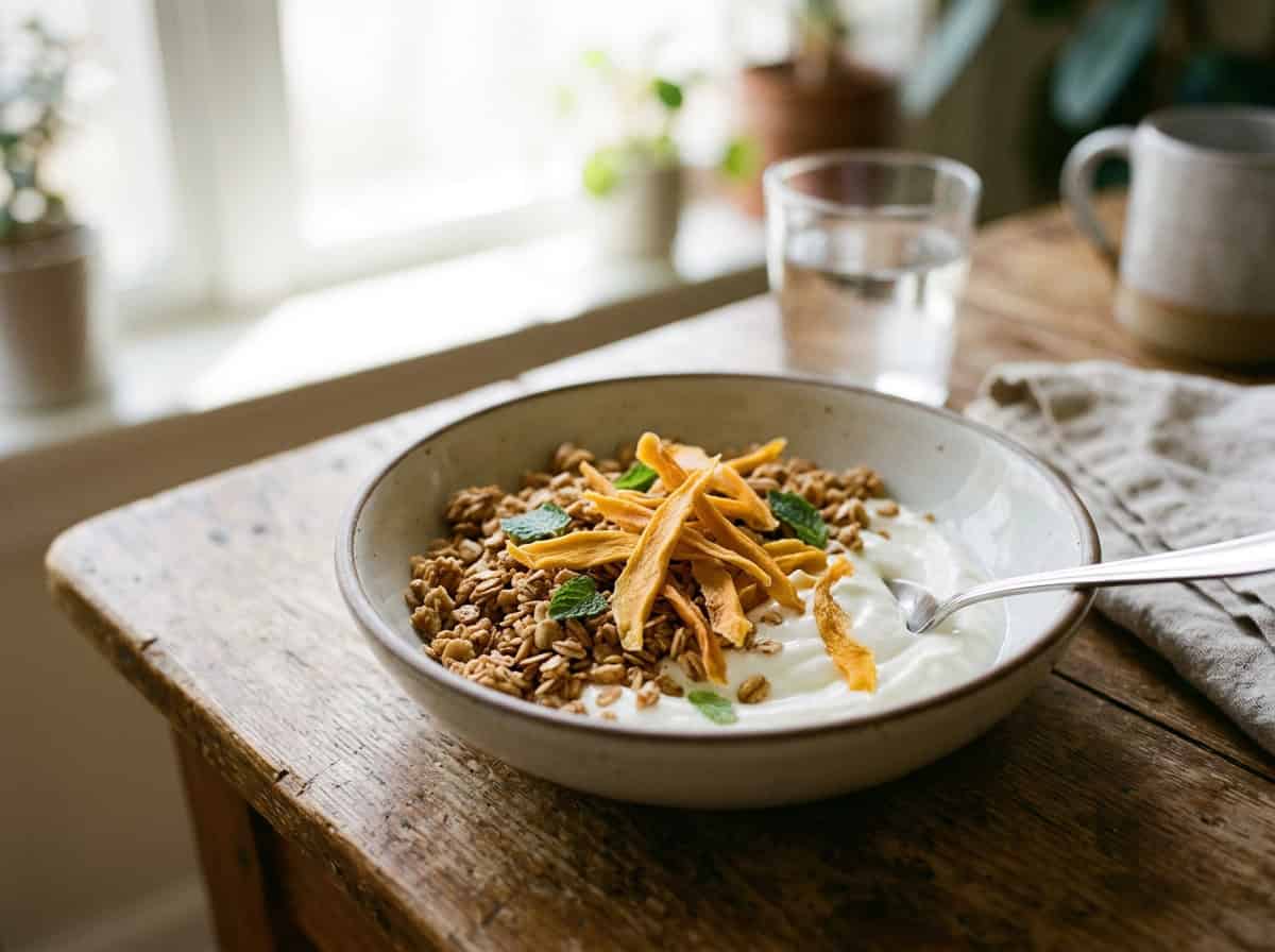 Healthy Breakfast Bowl With Dried Mango Slices As A Natural Vitamin C Booster