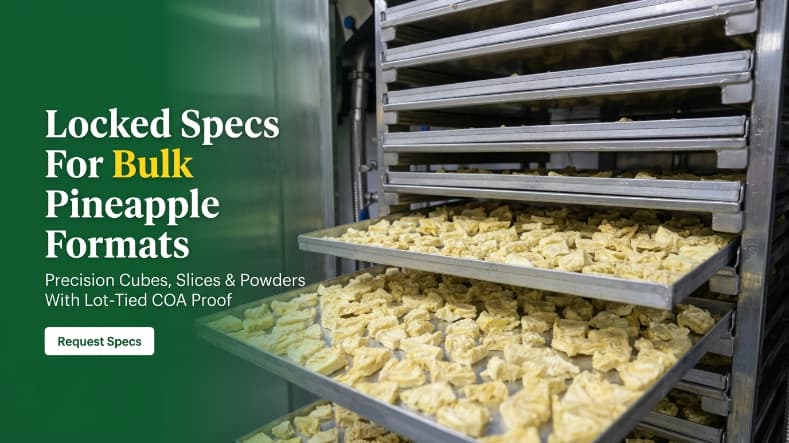 Freeze-Dried Pineapple Cubes, Bites, Slices or Powder industrial freeze drying trays loaded with freeze dried pineapple slices for b2b wholesale specification control