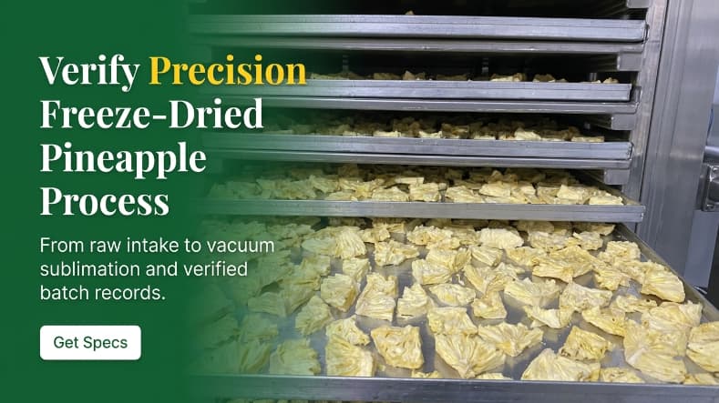 Freeze-Dried Pineapple Process: Controls Behind the Finished Product industrial stainless steel trays loaded with freeze dried pineapple wedges inside a vietnamese processing facility