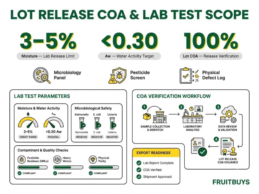 infographic dashboard displaying coa lab testing scope and quality release metrics for freeze dried soursop
