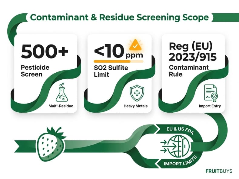infographic detailing pesticide multi residue screen and heavy metal limits for freeze dried strawberry import