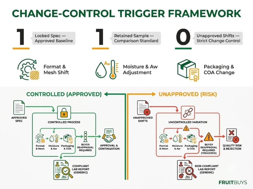 infographic flowchart defining change control triggers and reapproval protocols for soursop bulk production