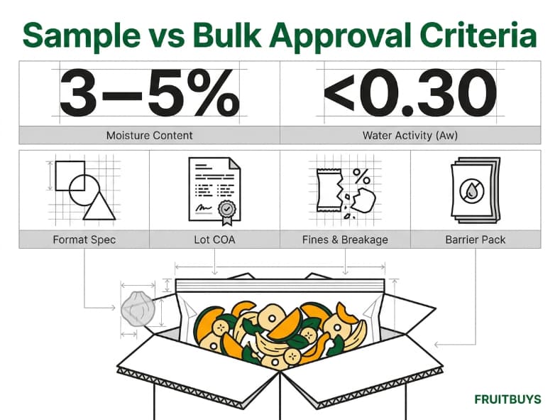 infographic grid detailing sample to bulk verification criteria for freeze dried pineapple