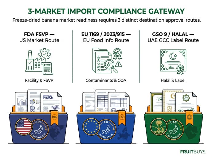 infographic matrix comparing us fda, eu 1169, and uae gso freeze dried banana import requirements