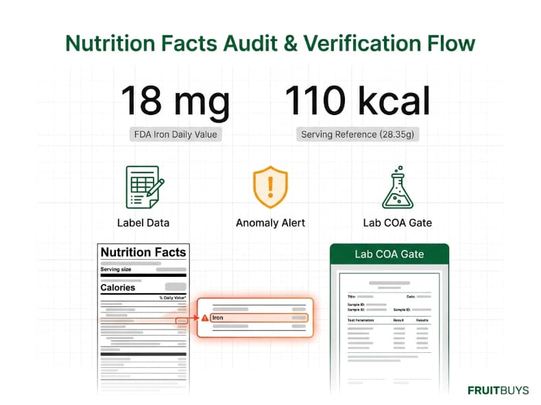 infographic matrix illustrating freeze dried pineapple nutrition facts audit and lab verification process