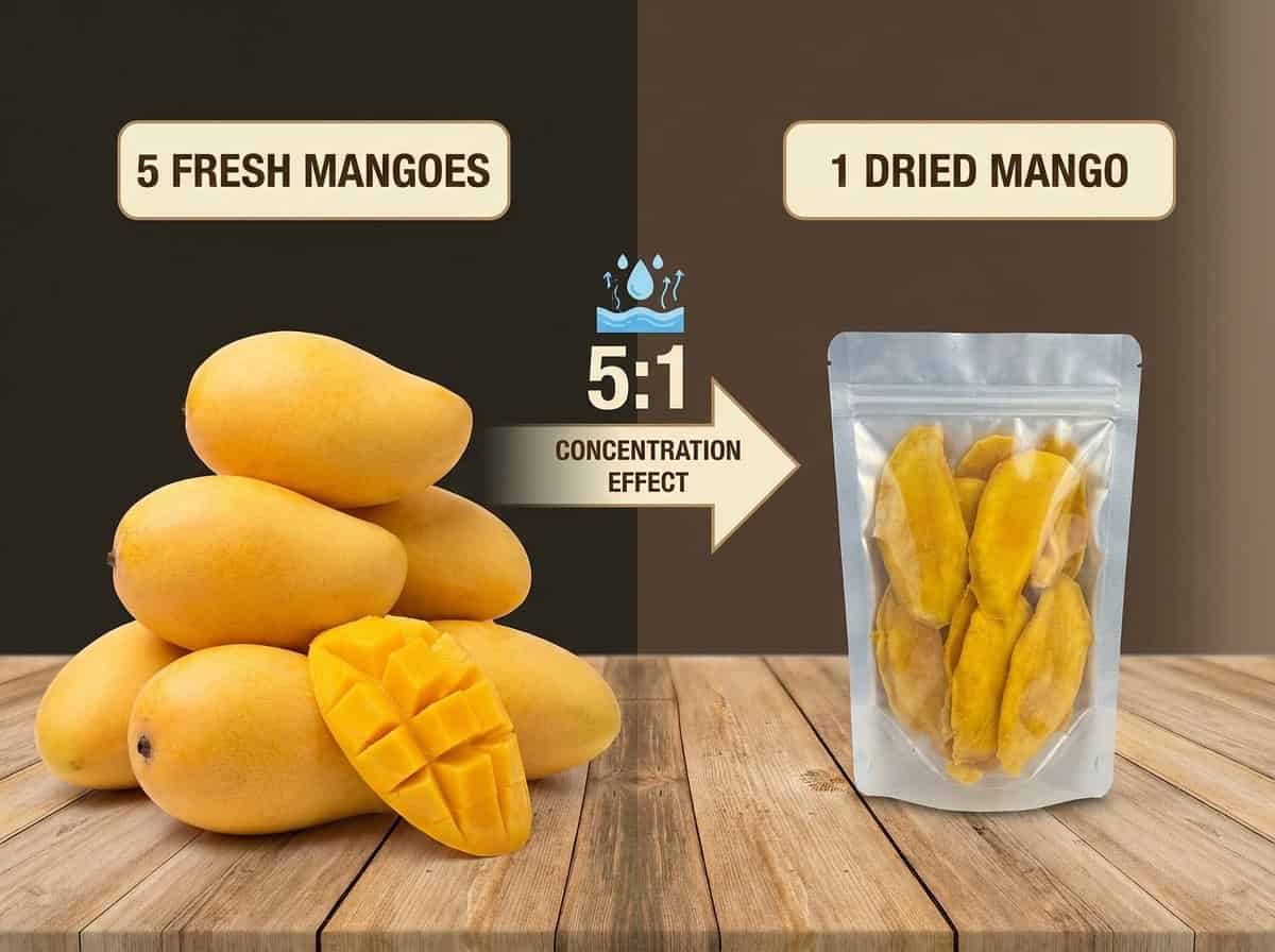 Infographic Style Photo Comparing Volume Of Fresh Mango To Dried Mango Showing Sugar Concentration