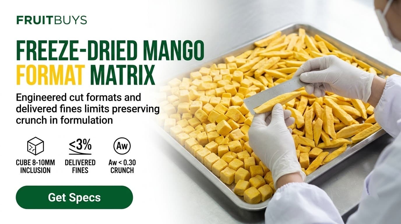 inspection of freeze dried mango cubes and spears for cut uniformity on stainless steel qc table