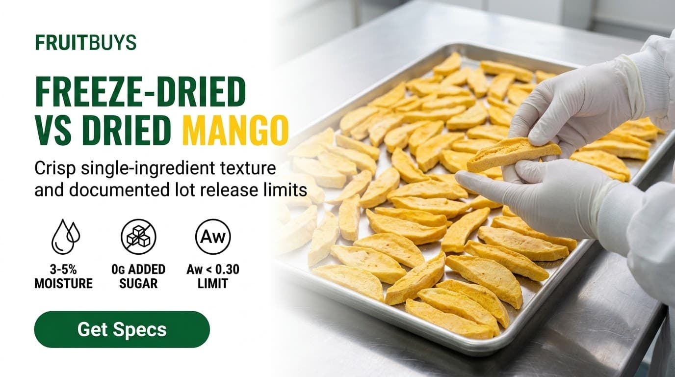 inspection of freeze dried mango spears for lot uniformity and porous crisp texture on stainless steel table