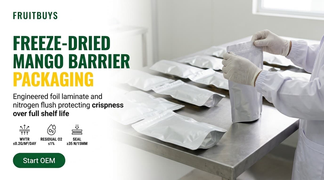 inspection of hermetically sealed aluminum barrier pouches for freeze dried mango shelf life protection.