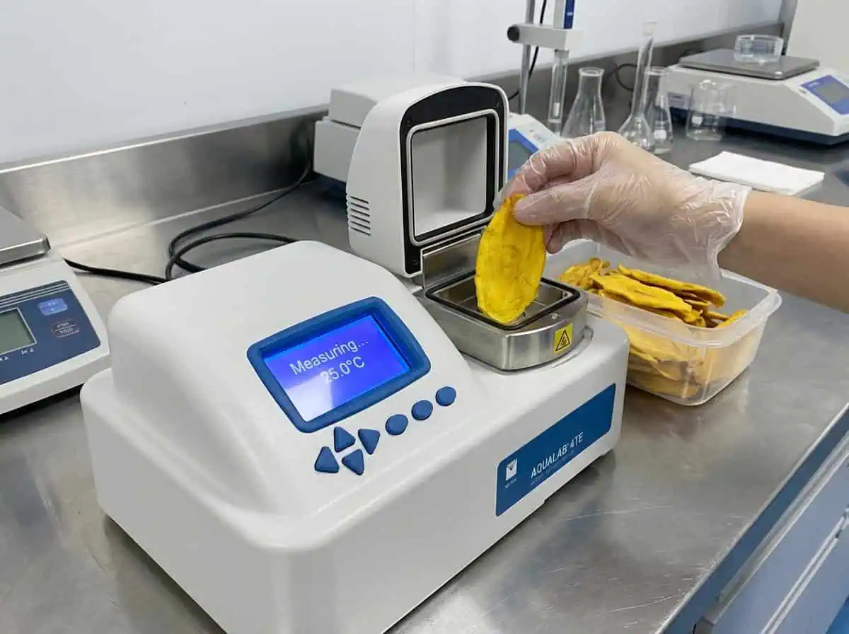laboratory technician measuring water activity of dried mango for quality control consistency.
