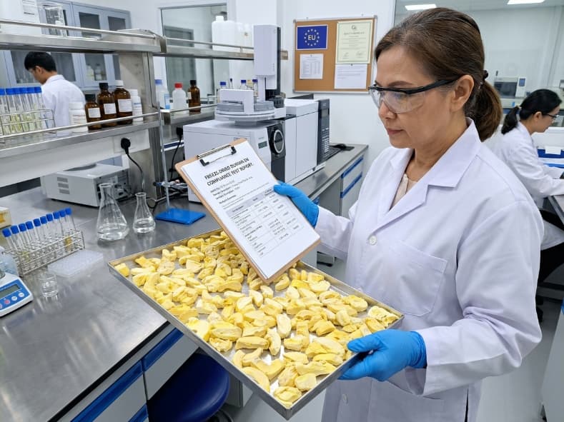 laboratory technician reviewing freeze dried durian sample and eu compliance test report in lab