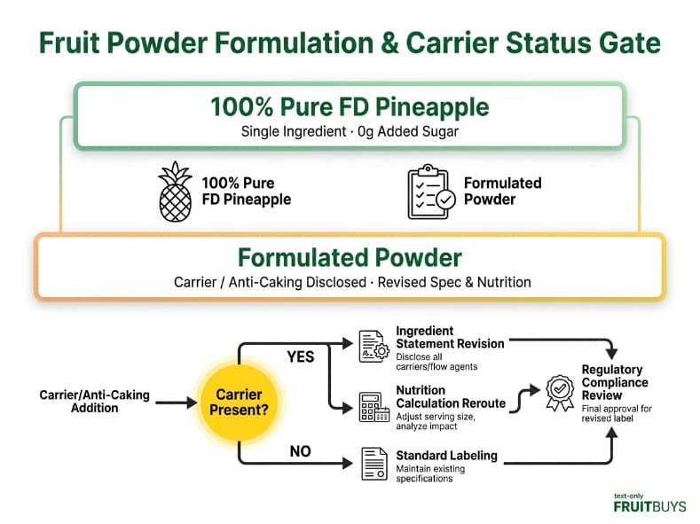layered diagram illustrating pure pineapple powder vs formulated powder ingredient and label requirements