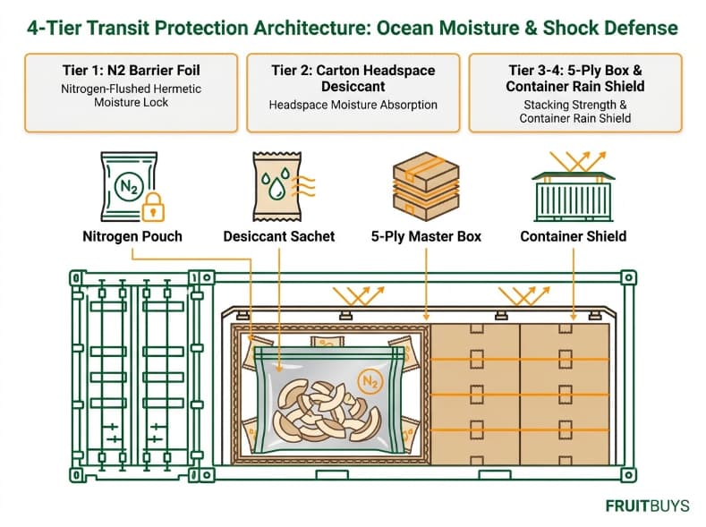 layered diagram infographic detailing 4 tier ocean transit moisture and impact defense architecture for freeze dried fruit