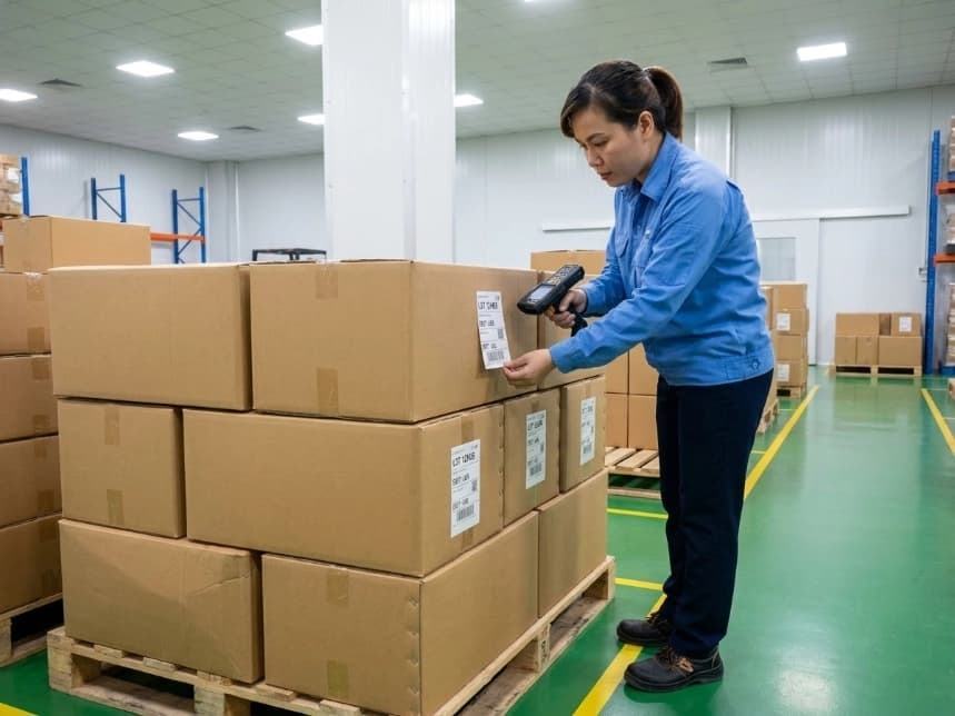 logistics coordinator verifying export shipping mark labels and lot numbers on master cartons in warehouse