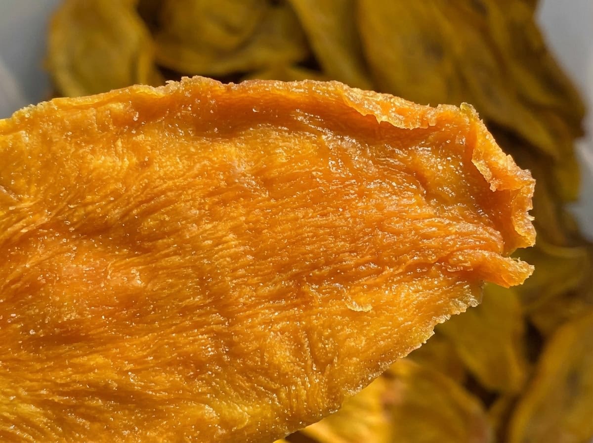 Macro Photography Of Natural Dried Mango Texture Showing Fiber And Rich Orange Color