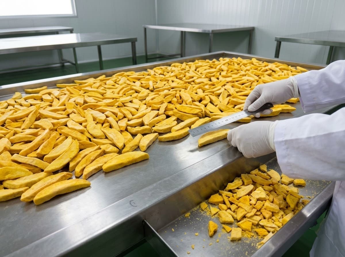 manual visual grading and sorting of freeze dried mango spears for whole slice uniformity