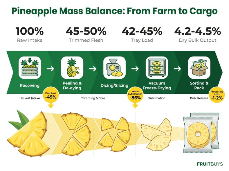 mass balance process flowchart showing weight loss steps in freeze dried pineapple production
