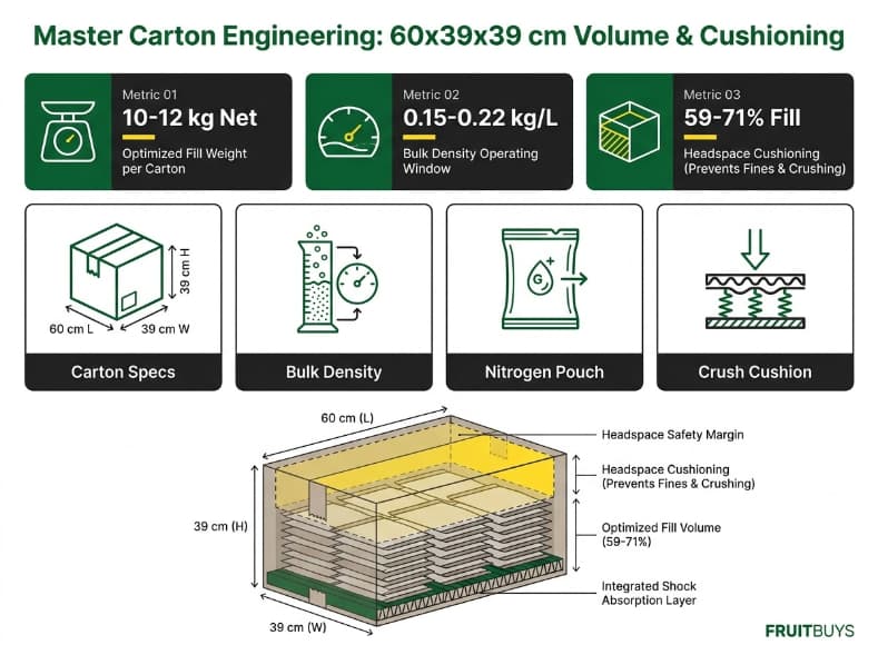 modular dashboard infographic detailing 60x39x39 cm master carton dimensions and headspace cushioning logic