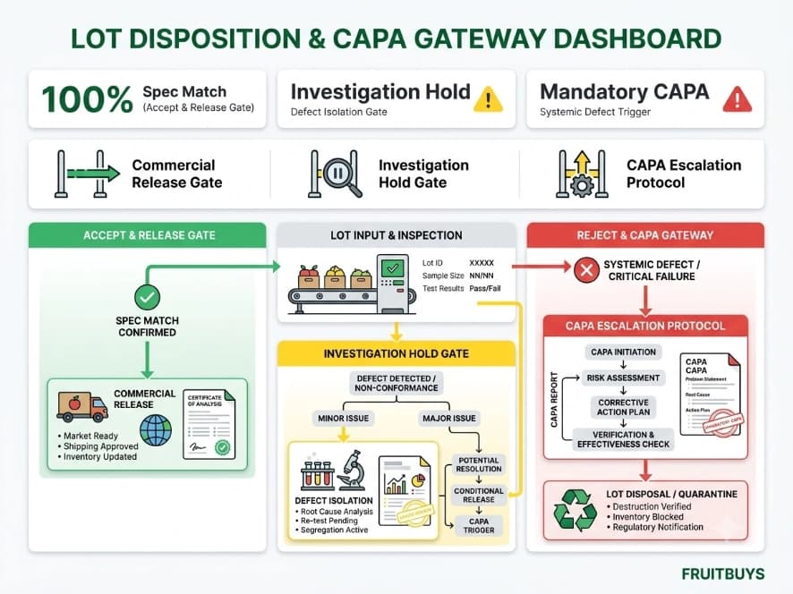 Common Freeze-Dried Soursop Defects and Release Controls modular dashboard infographic detailing lot disposition workflows for accept, hold, rework, reject, and capa