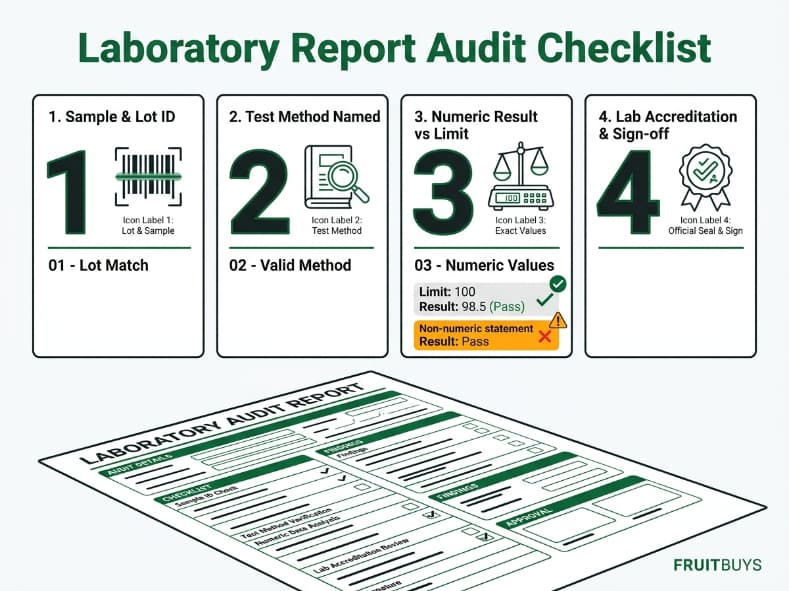 modular dashboard infographic guiding buyers through essential lab report verification steps