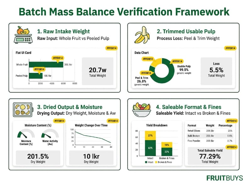 modular dashboard infographic outlining the 14 mandatory fields for freeze dried banana batch mass balance verification