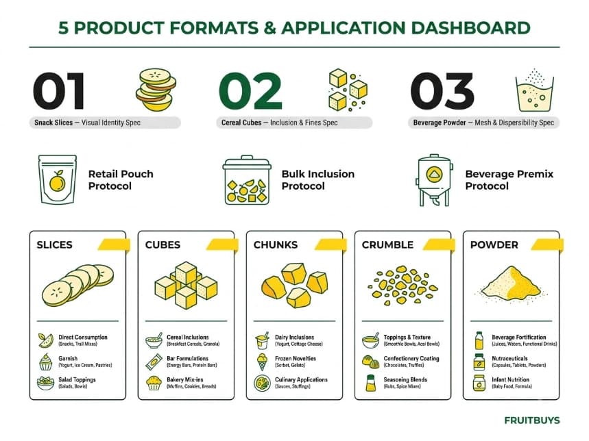 modular dashboard infographic summarizing b2b industry applications across all 5 freeze dried soursop formats