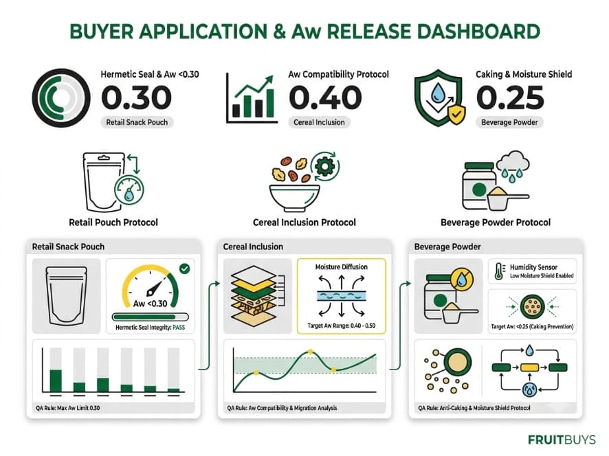 Freeze-Dried Soursop Moisture vs Water Activity modular dashboard infographic summarizing moisture and aw release protocols across retail, cereal, beverage, and bulk applications