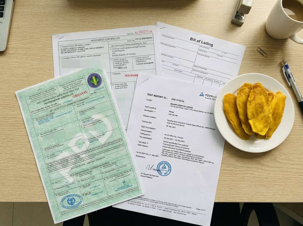 official export documentation package including coa and certificate of origin for vietnam dried mango.
