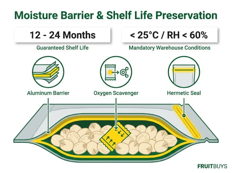Water Activity Below 0.3: The Number That Protects Lotus Seed Shelf Life packaging barrier diagram illustrating freeze dried lotus seed shelf life protection mechanisms.