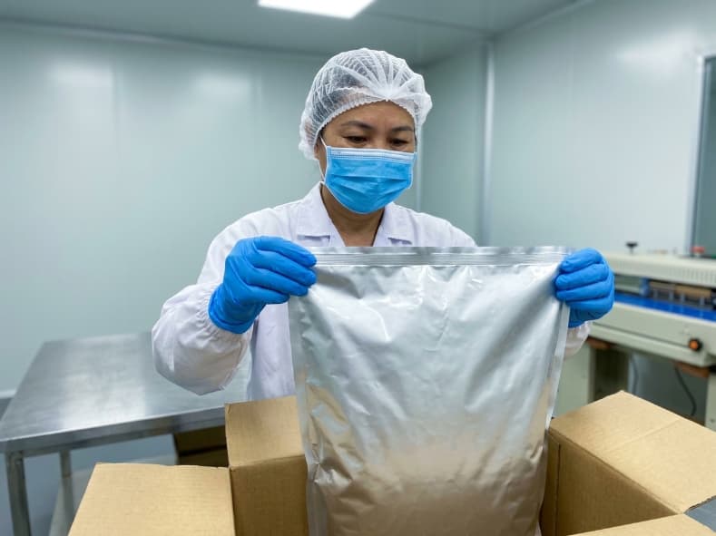 packaging supervisor inspecting heat seal on bulk moisture barrier bag of freeze dried pineapple