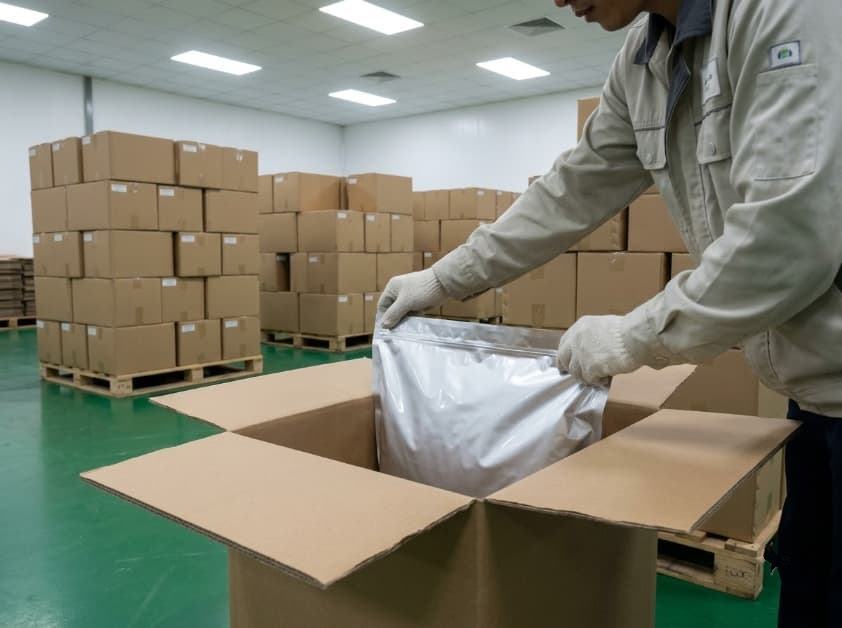 Freeze-Dried Cashew Bulk Density and Carton Packing: How to Qualify Net Weight Without Guessing packaging technician inspecting bulk silver barrier foil liner pouch inside master export carton.