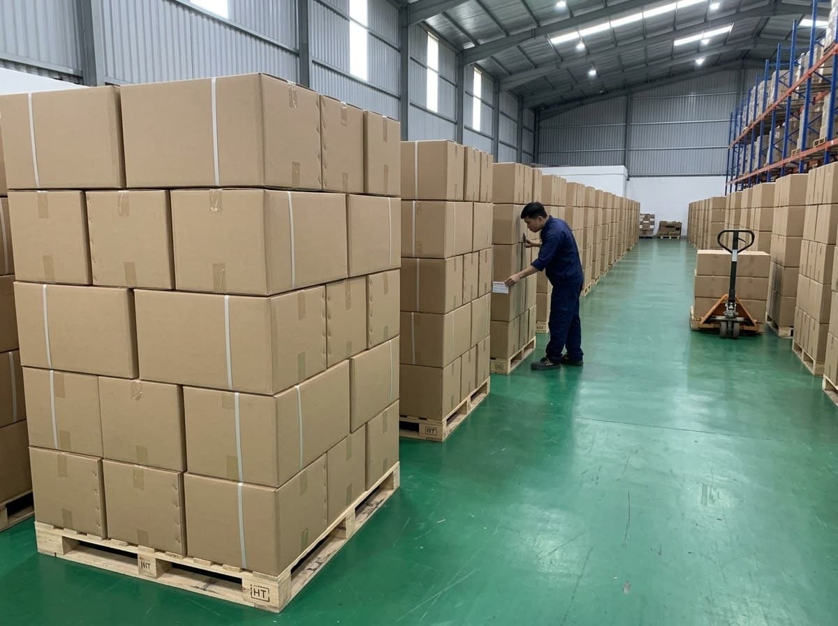 palletized export master cartons in finished warehouse illustrating volumetric freight readiness and packaging discipline