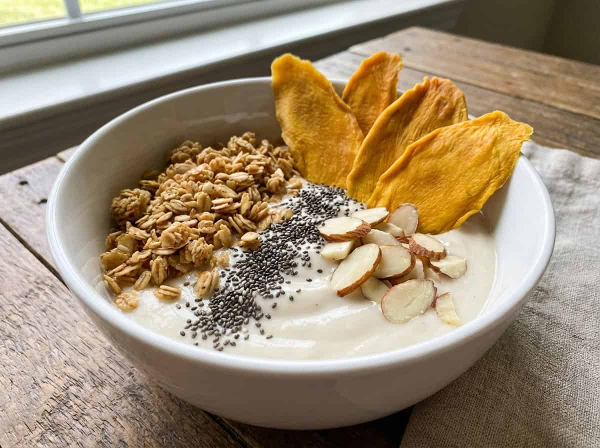 plant based breakfast application using dried mango as a healthy topping