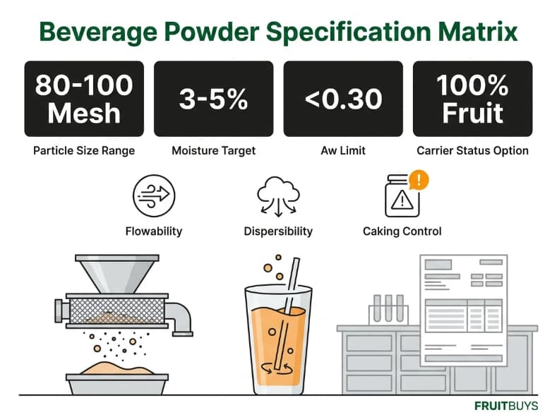 powder specification dashboard highlighting mesh size, water activity, and dispersibility for strawberry beverage premixes