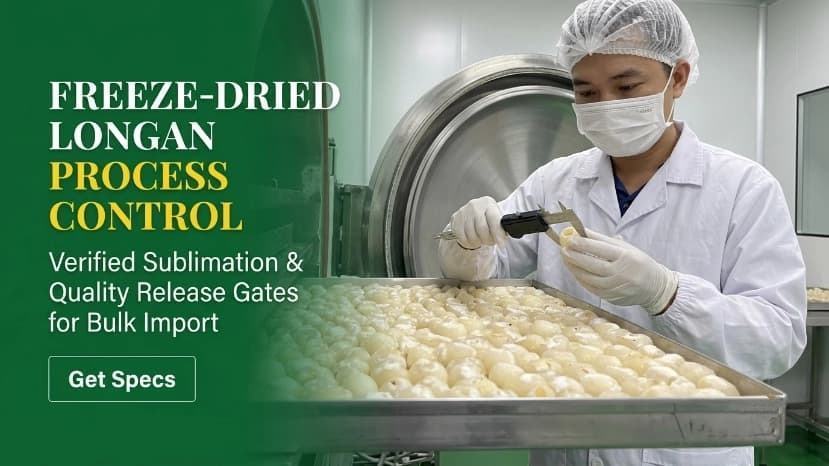 premium b2b banner displaying freeze dried whole pitted longan process control and quality inspection for bulk release