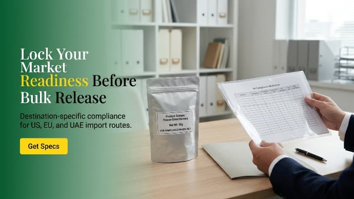 premium b2b photographic banner of qa specialist reviewing freeze dried banana export compliance documents