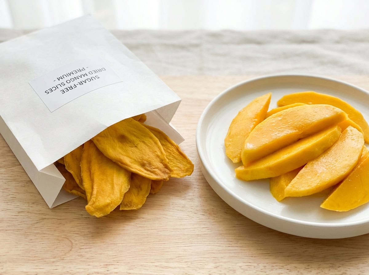 premium dried mango slices in retail packaging showing natural color and no sugar added.