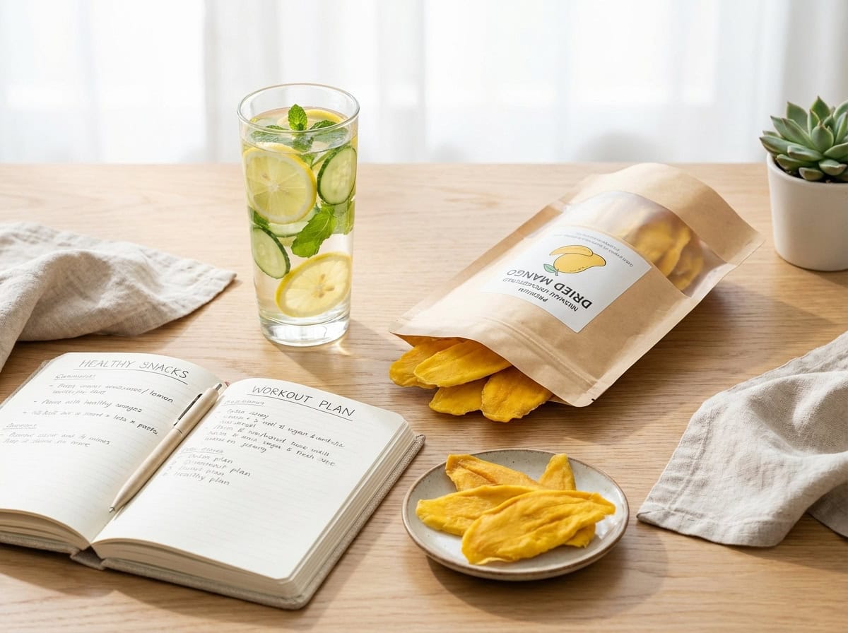 Premium Lifestyle Shot Of Healthy Dried Mango Snacks In A Modern Wellness Setting