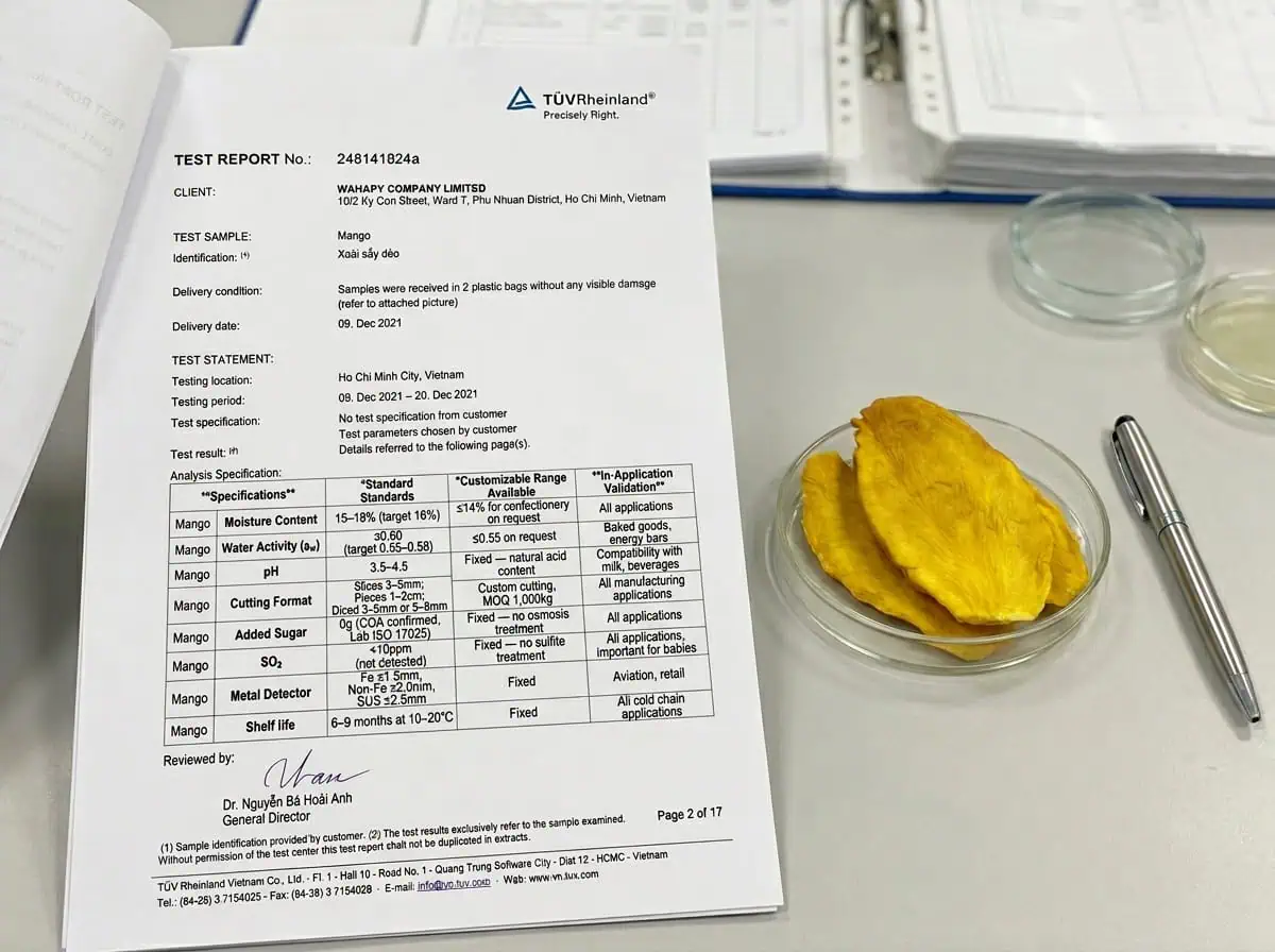professional certificate of analysis (coa) for dried mango ensuring consistent quality standards.