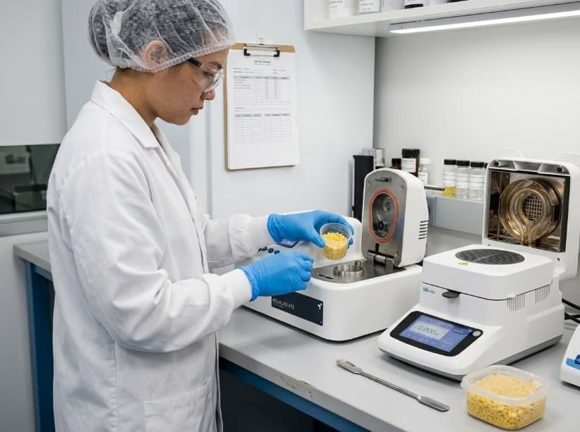 qa analyst measuring water activity of freeze dried jackfruit for coa in vietnam lab.