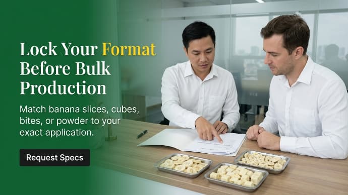qa director reviewing freeze dried banana format specification documents with b2b buyer in office