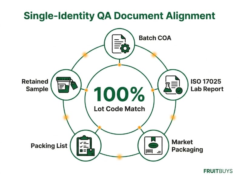 qa document alignment diagram connecting coa lot code lab report and packaging label for freeze dried fruit