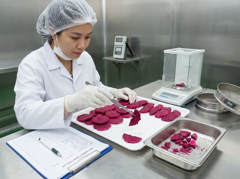 qa inspector checking freeze dried dragon fruit slices for fines and breakage to confirm saleable yield