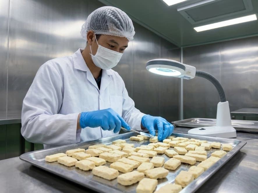 Common Freeze-Dried Soursop Defects and Release Controls qa inspector examining freeze dried soursop slices under inspection lamp for browning and visual defects