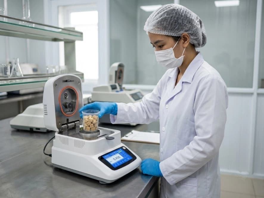Freeze-Dried Soursop COA, Microbiology and Laboratory Testing qa lab technician measuring water activity aw of freeze dried soursop sample on benchtop meter in laboratory