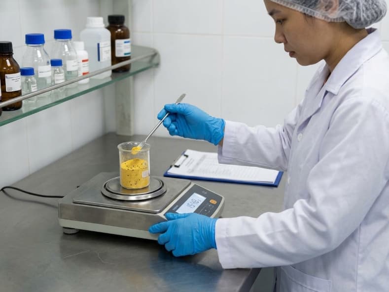 qa lab technician testing freeze dried passion fruit powder sample density on digital scale