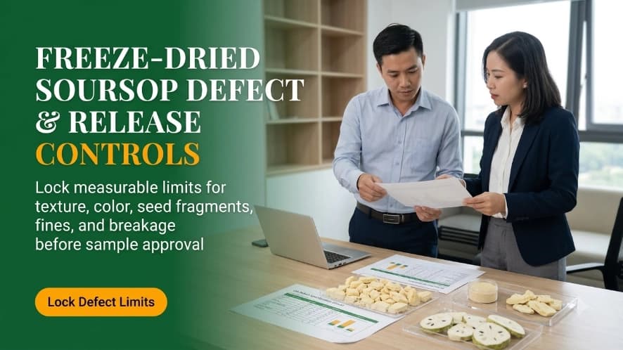 qa manager and procurement lead reviewing freeze dried soursop defect limits and sample tray in office