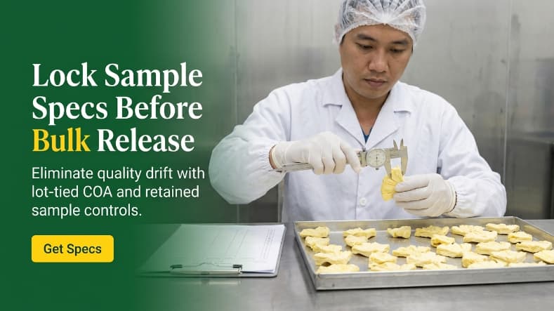 qa specialist evaluating freeze dried pineapple sample and moisture lab specs in b2b office