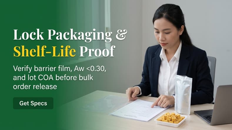qa specialist inspecting freeze dried passion fruit cubes and packaging spec sheet in vietnam